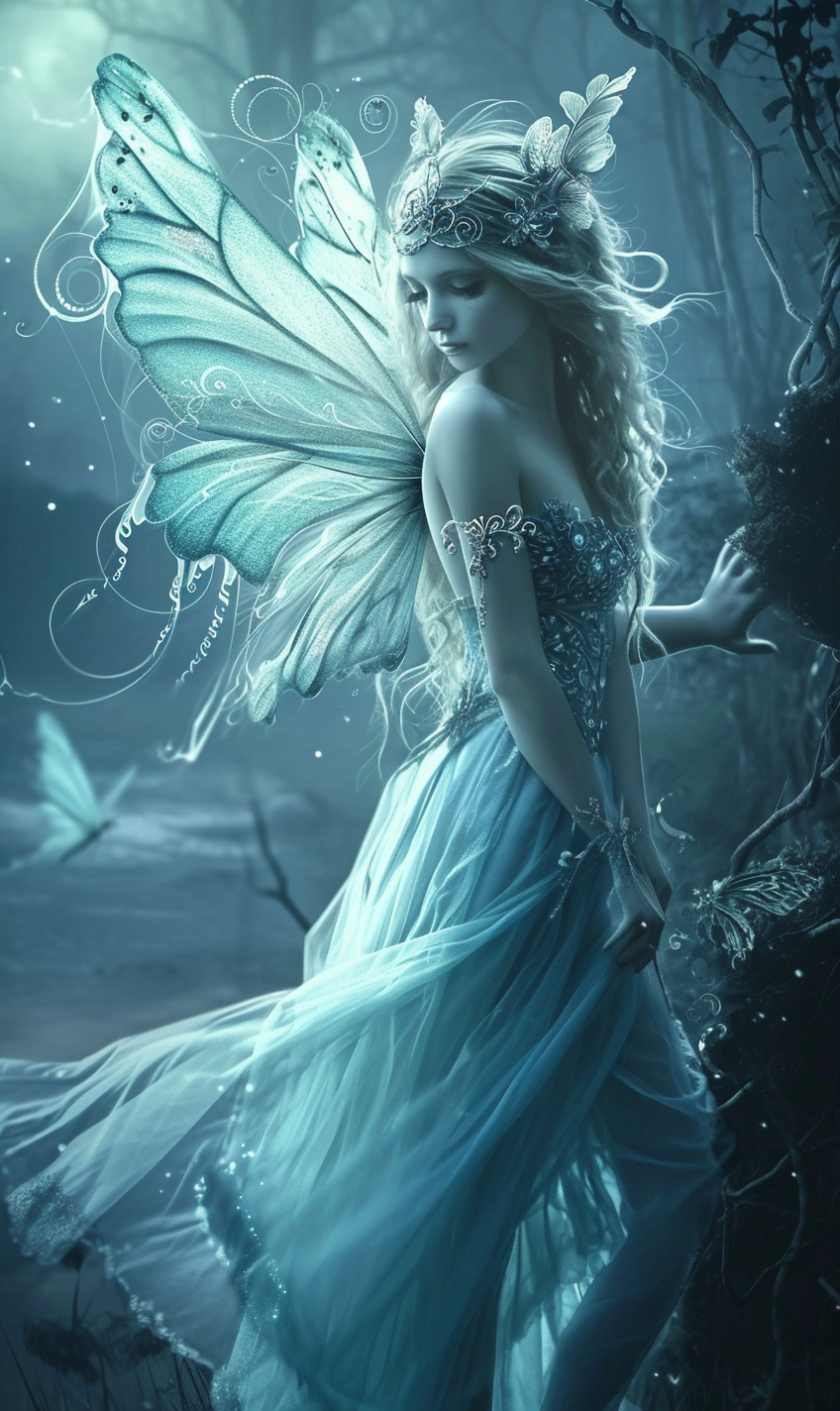 Fairy in blue dress with spiral decorations