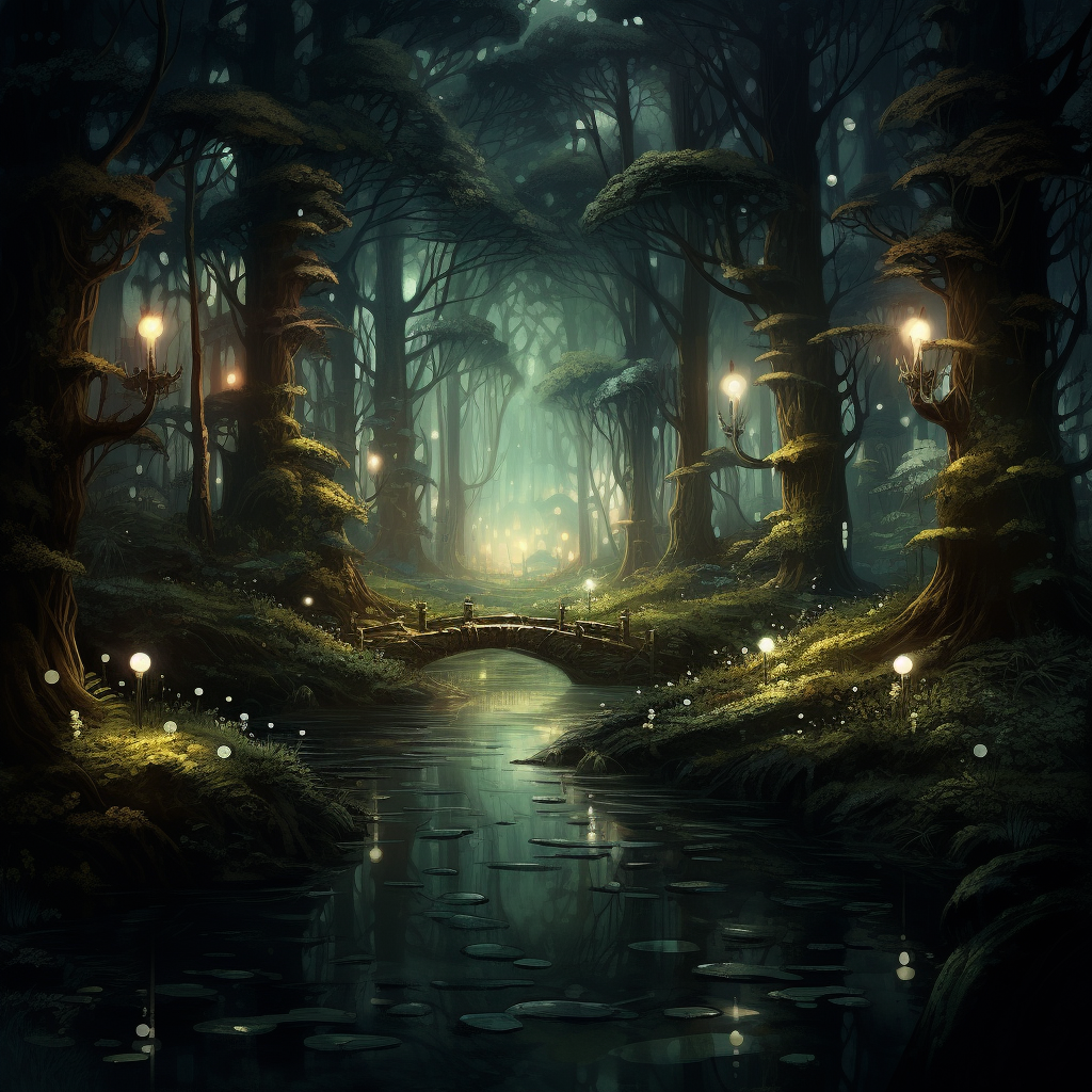 Serene fairy forest with dark tones