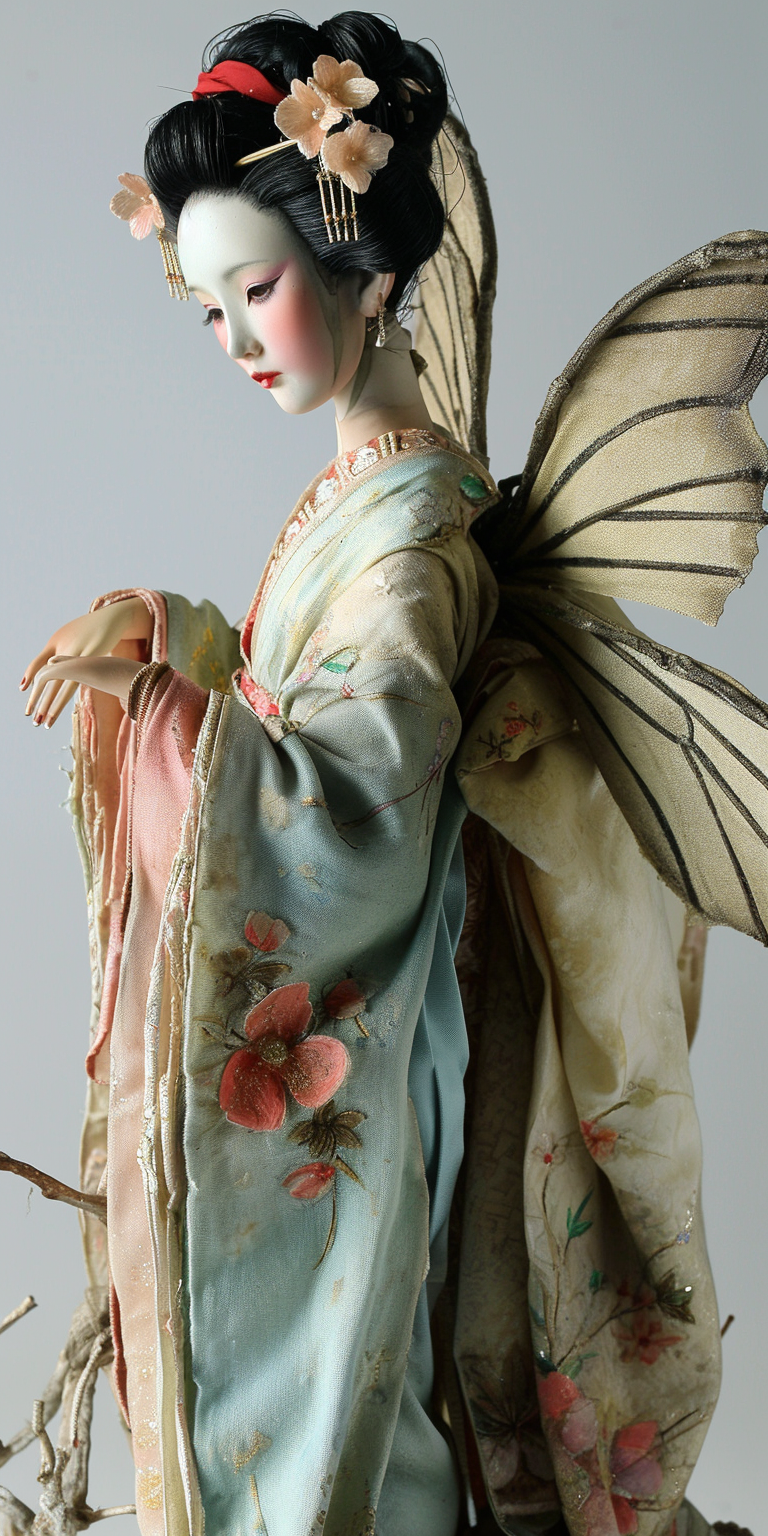 Whimsical fairy geisha doll with gosemer wings