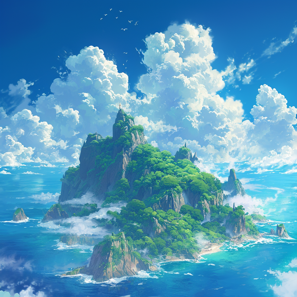 Fairy Tale Island with Sea, Clouds, and Details