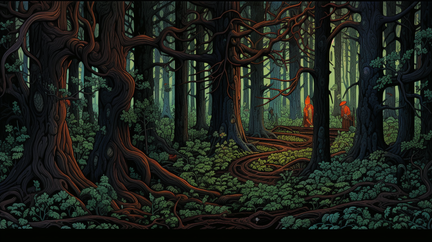 Illustration of mysterious woodwose in deep woods