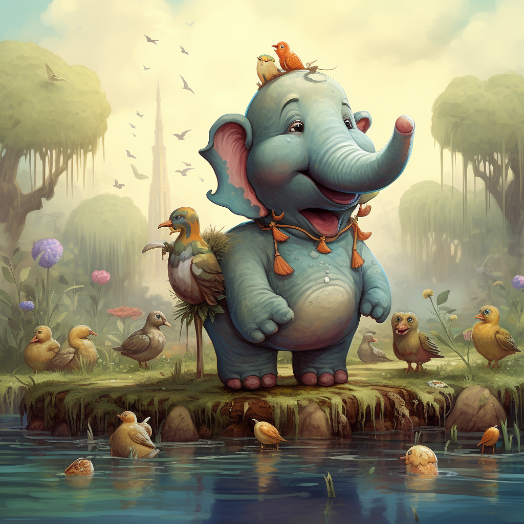 Enchanting fairytale scene with elephant and ducks