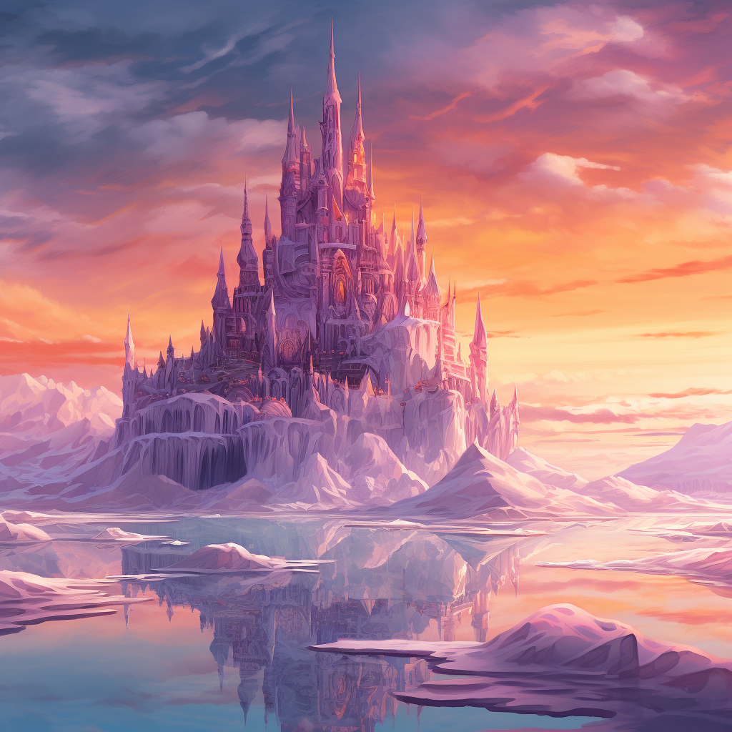 Enchanting ice castle at sunset