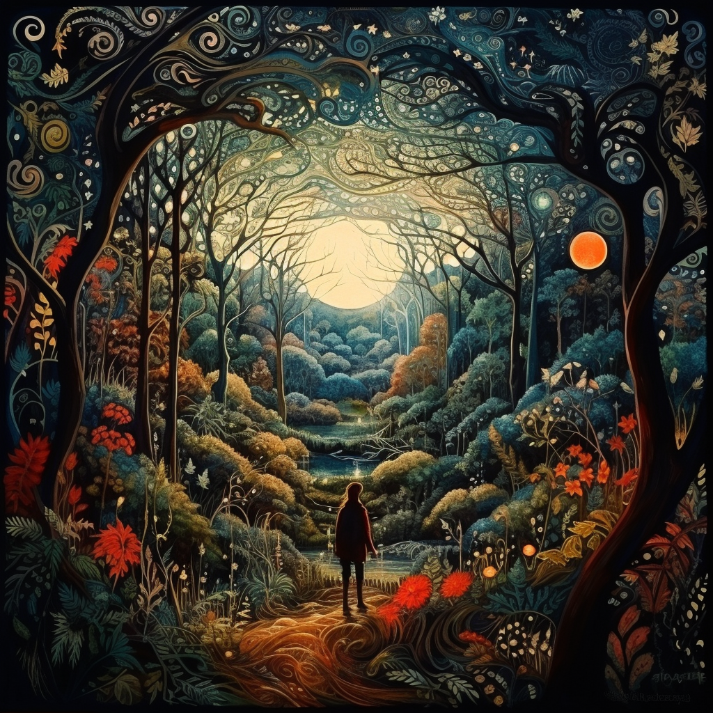 Man walking in a moonlit forest