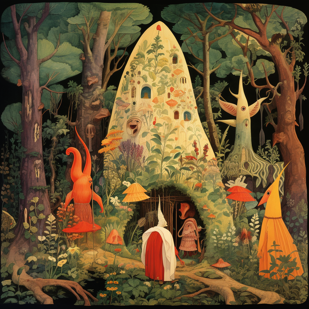 Colorful fairytale illustration with characters in the woods