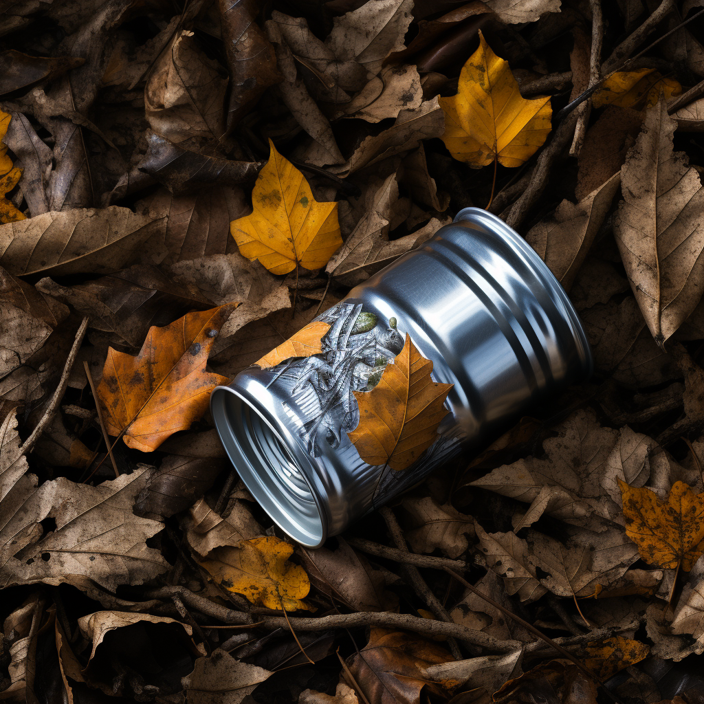 Fall leaves and hidden aluminium can on forest floor