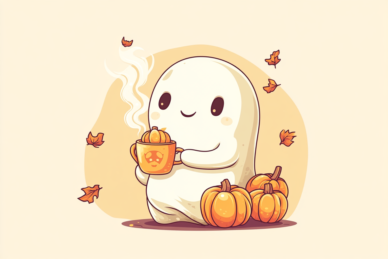 Cute whimsical fall ghost with coffee cup