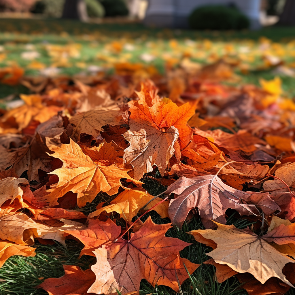 Autumn leaves on New England front lawn