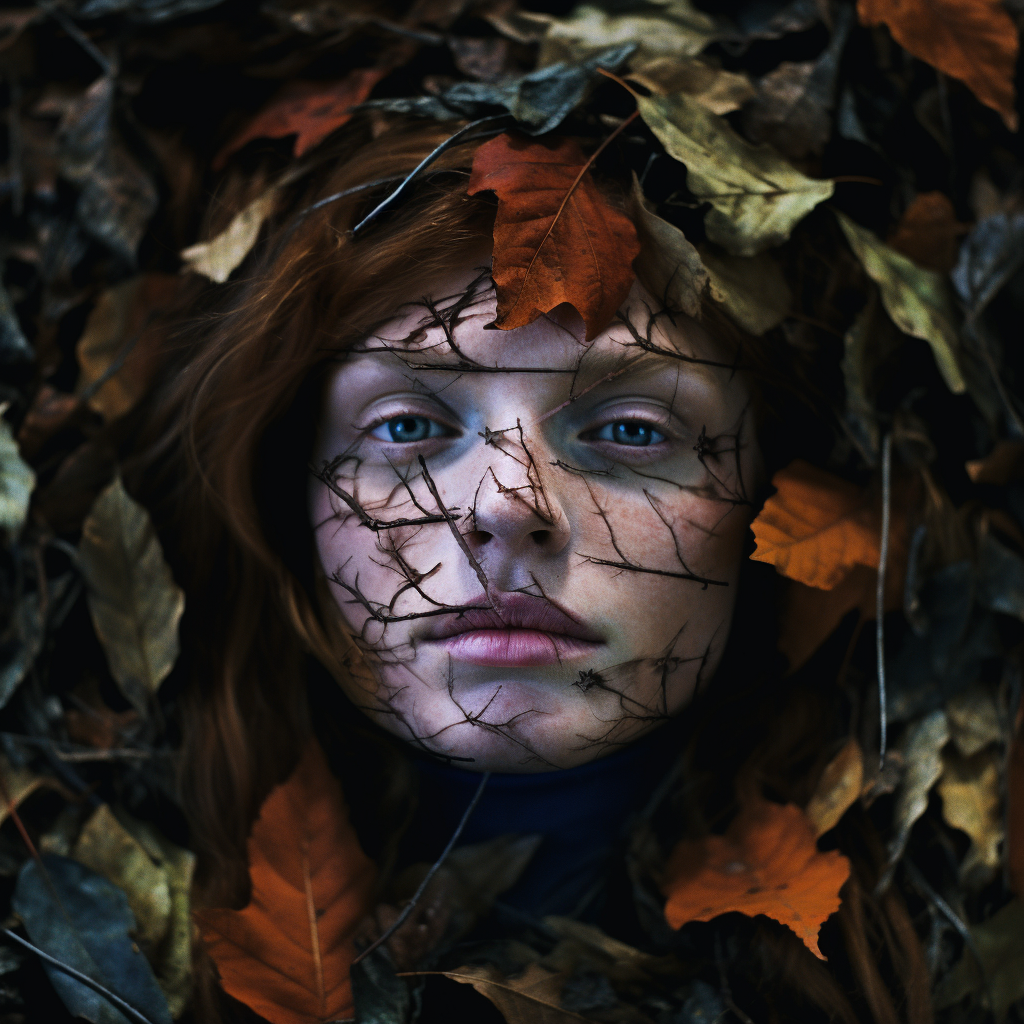 Person hidden under fall leaves