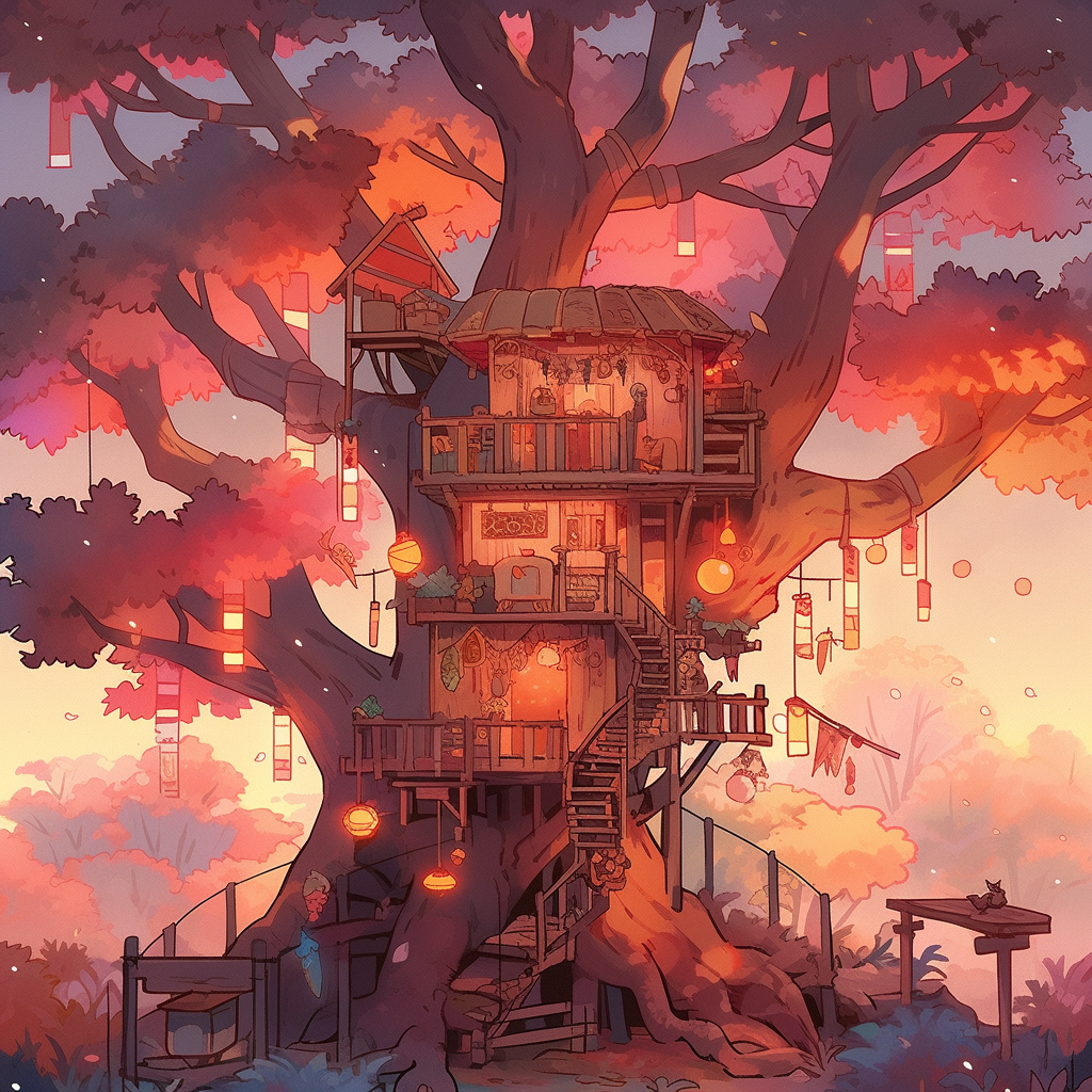 Cozy fall treehouse with warm autumn colors