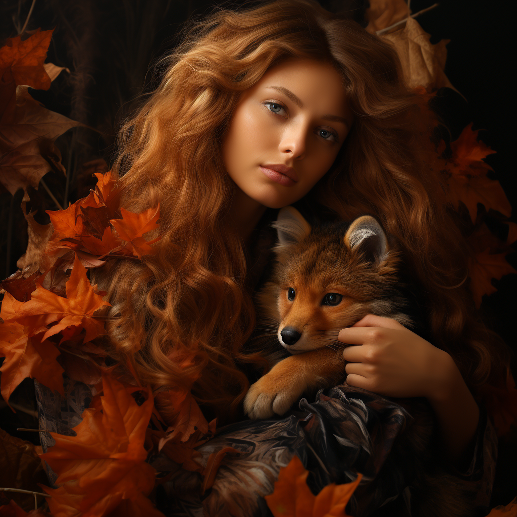 Woman with Red Fox in Fall