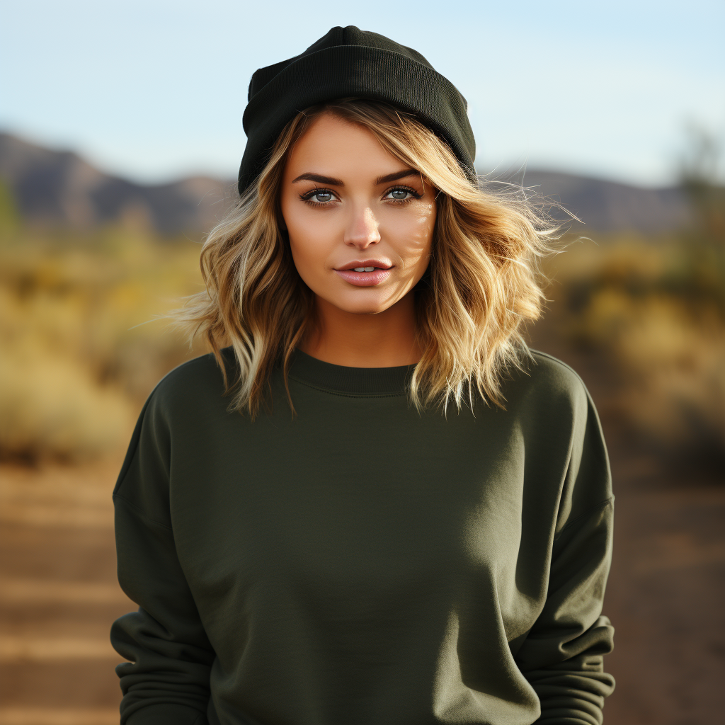 Woman in Blank Dark Green Sweater