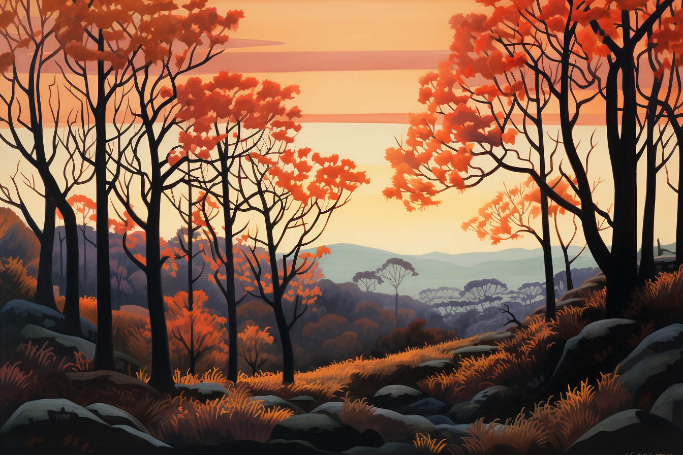 Beautiful gouache painting of fall foliage at twilight