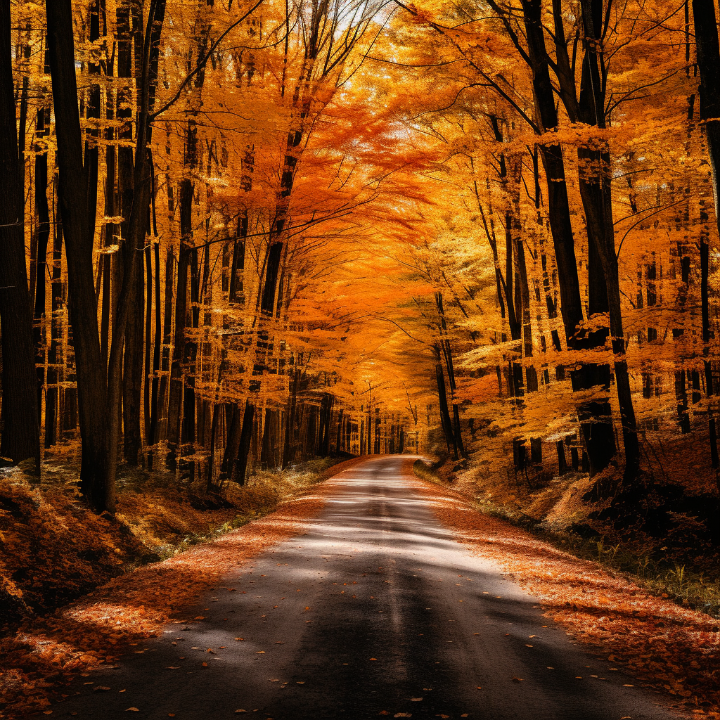 Scenic fall forest road with colorful trees