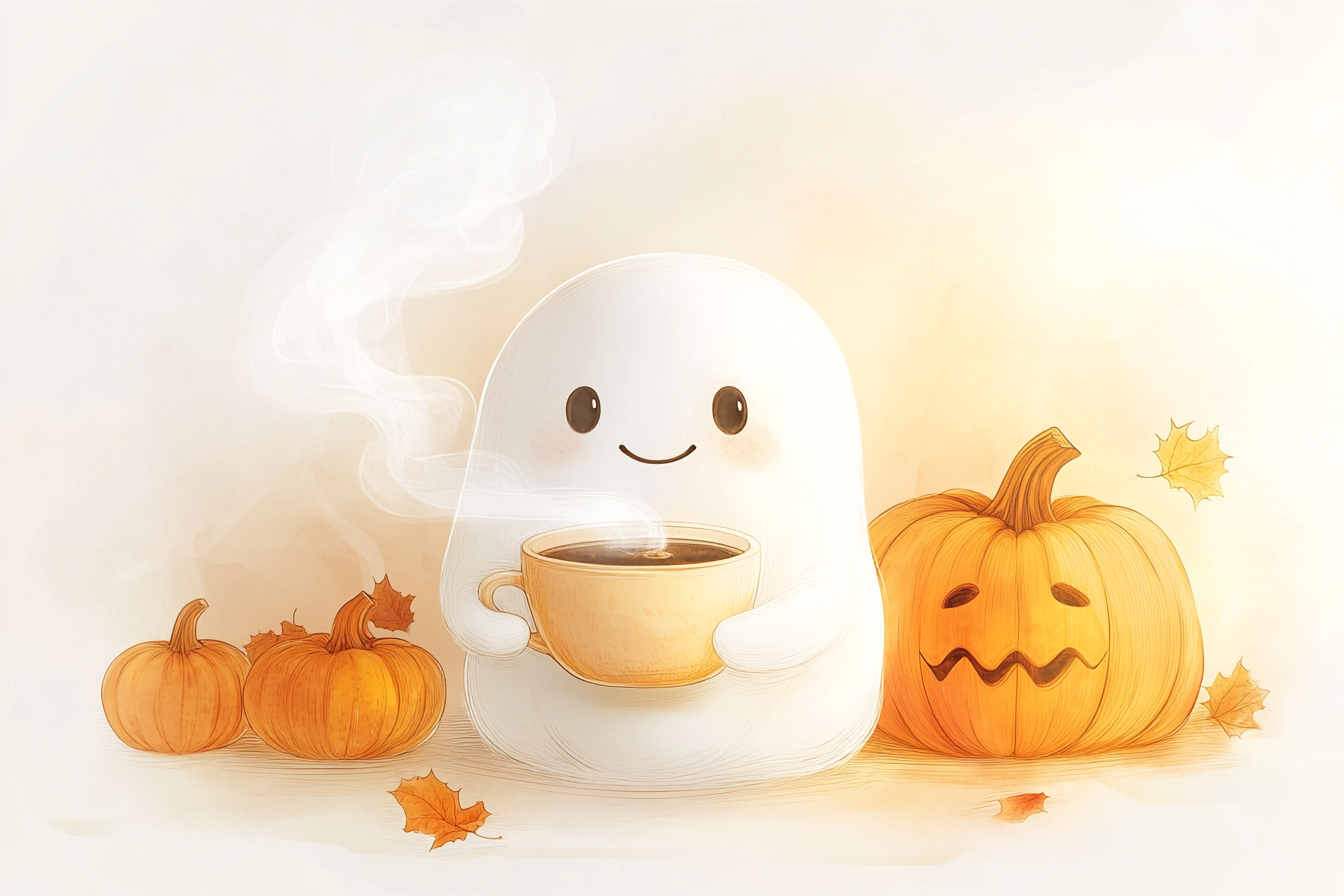 Fall ghost with coffee and pumpkins