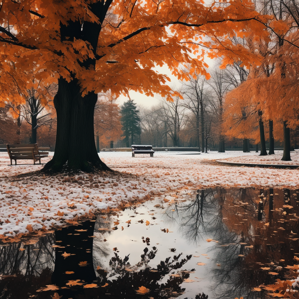 Fall park with leaves and large pumpkin