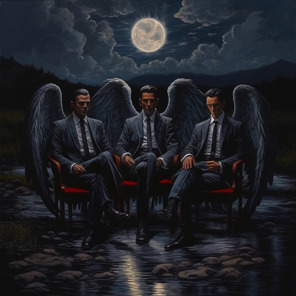 Three male fallen angels by river in moonlight