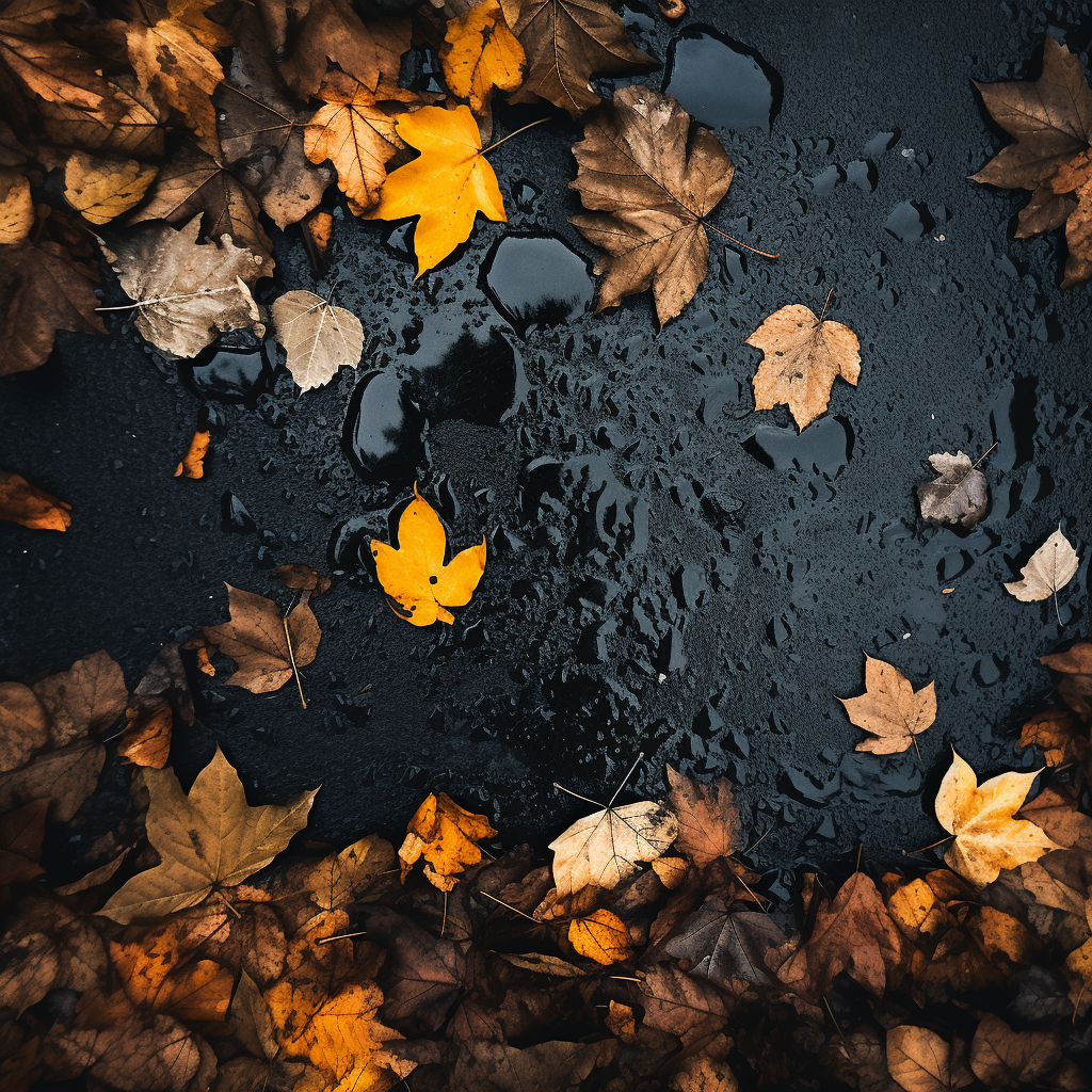 Autumn leaves covering asphalt road