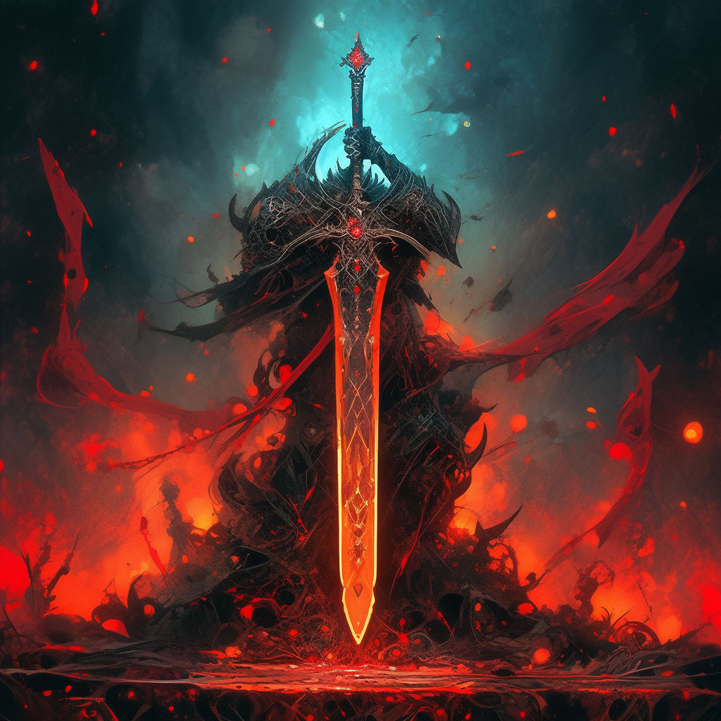 Sinister fallen king yielding massive blade