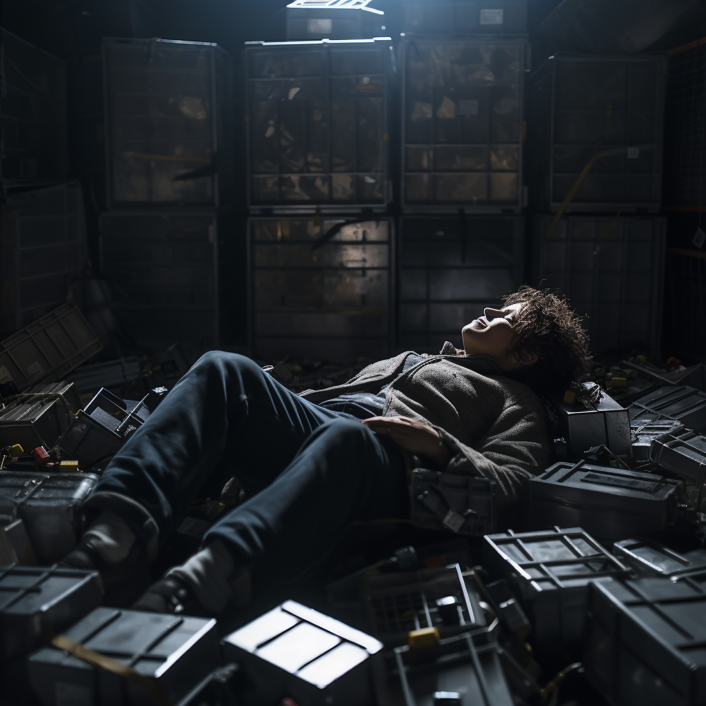 Human character lying among metallic industrial boxes