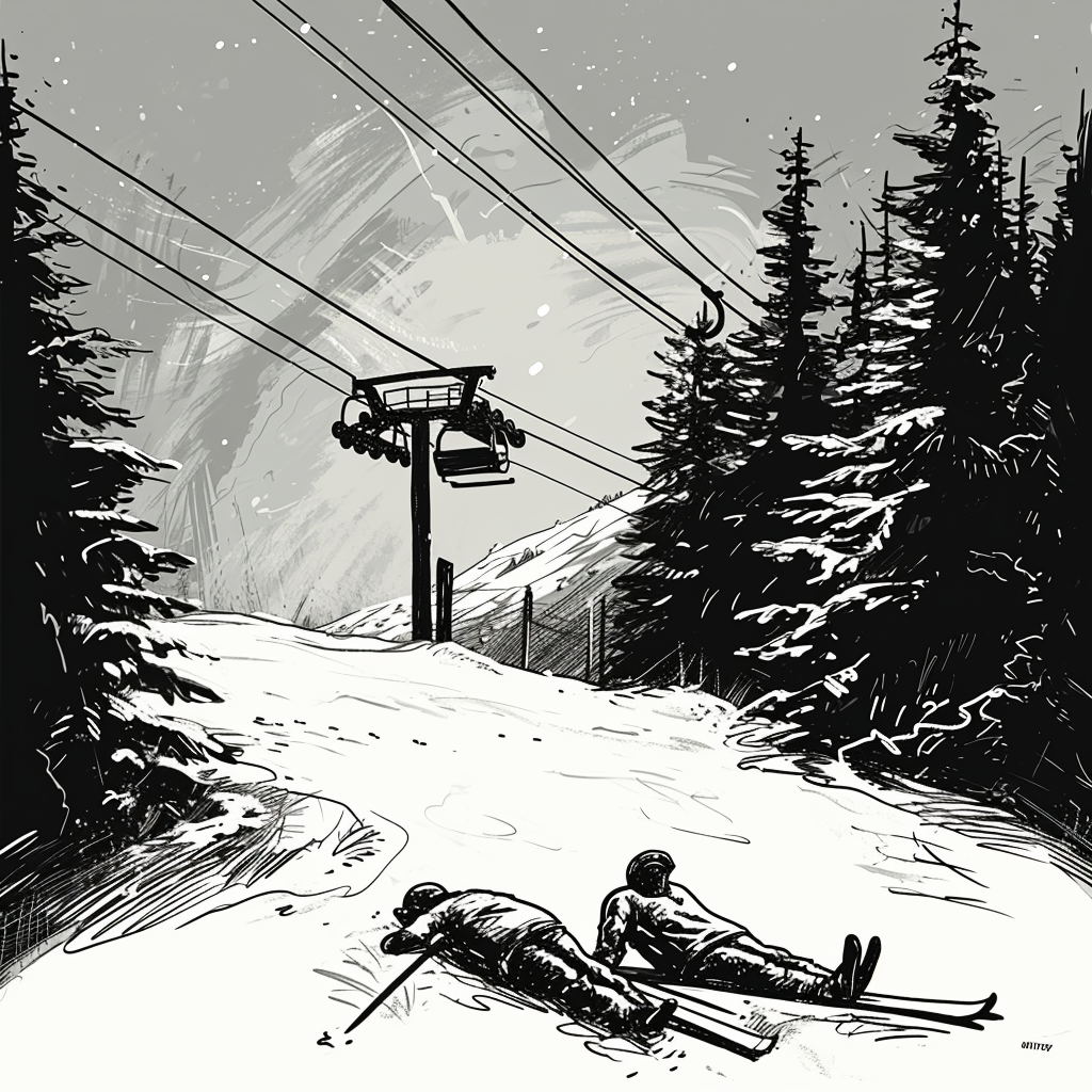 Two fallen skiers in front of a chairlift