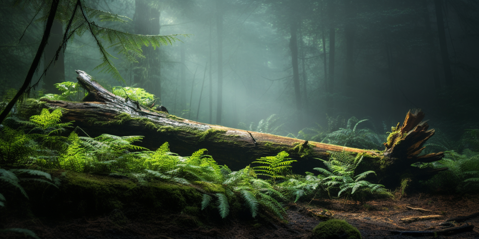 Misty forest with fallen tree and ferns