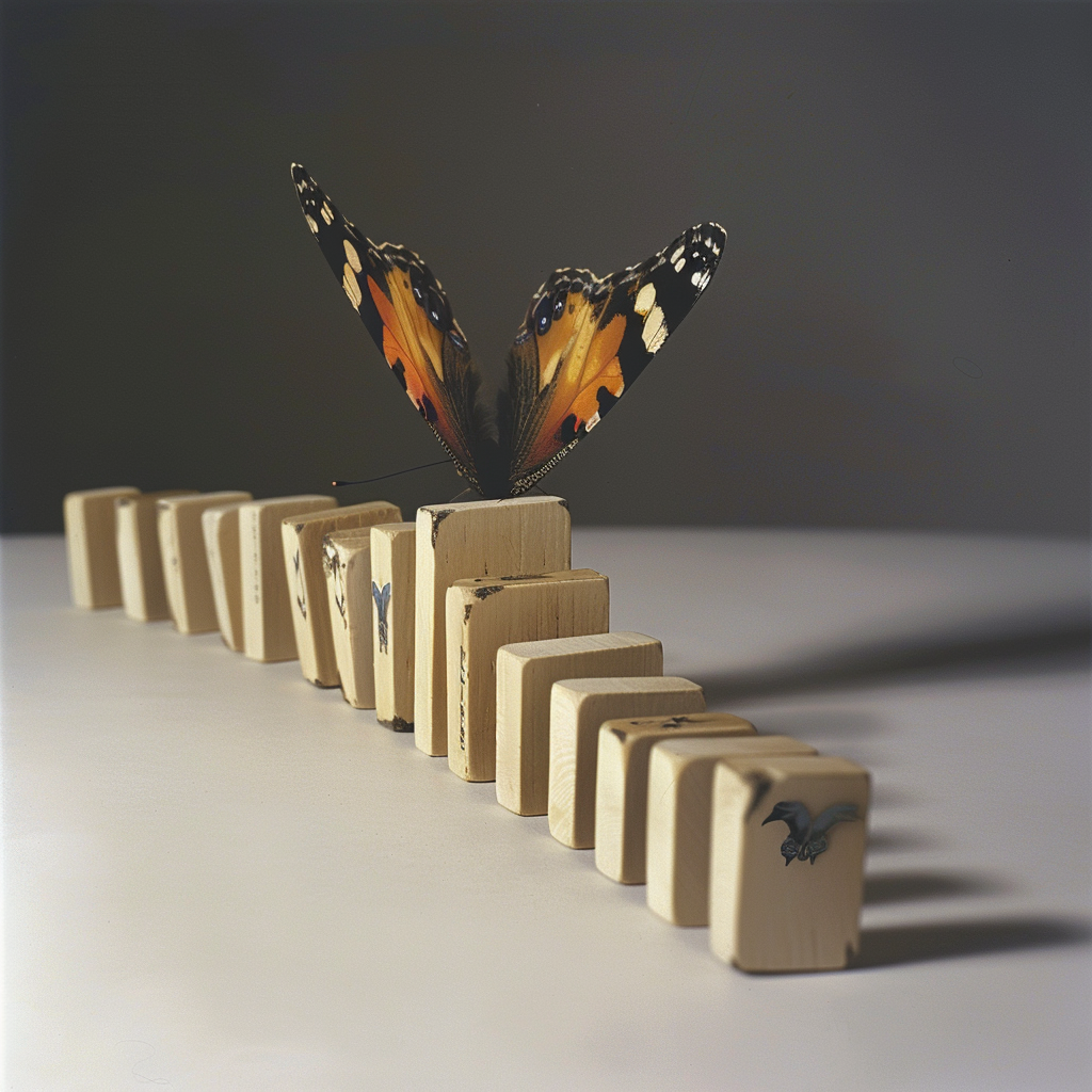 Dominoes falling into butterfly transformation