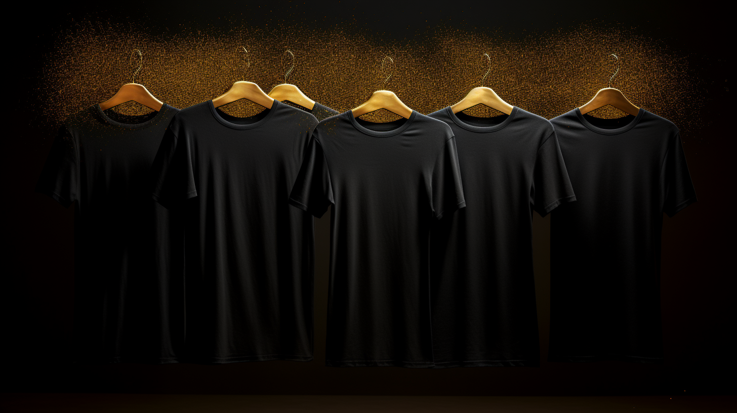 Nine falling goldish t-shirts in cinematic lighting.