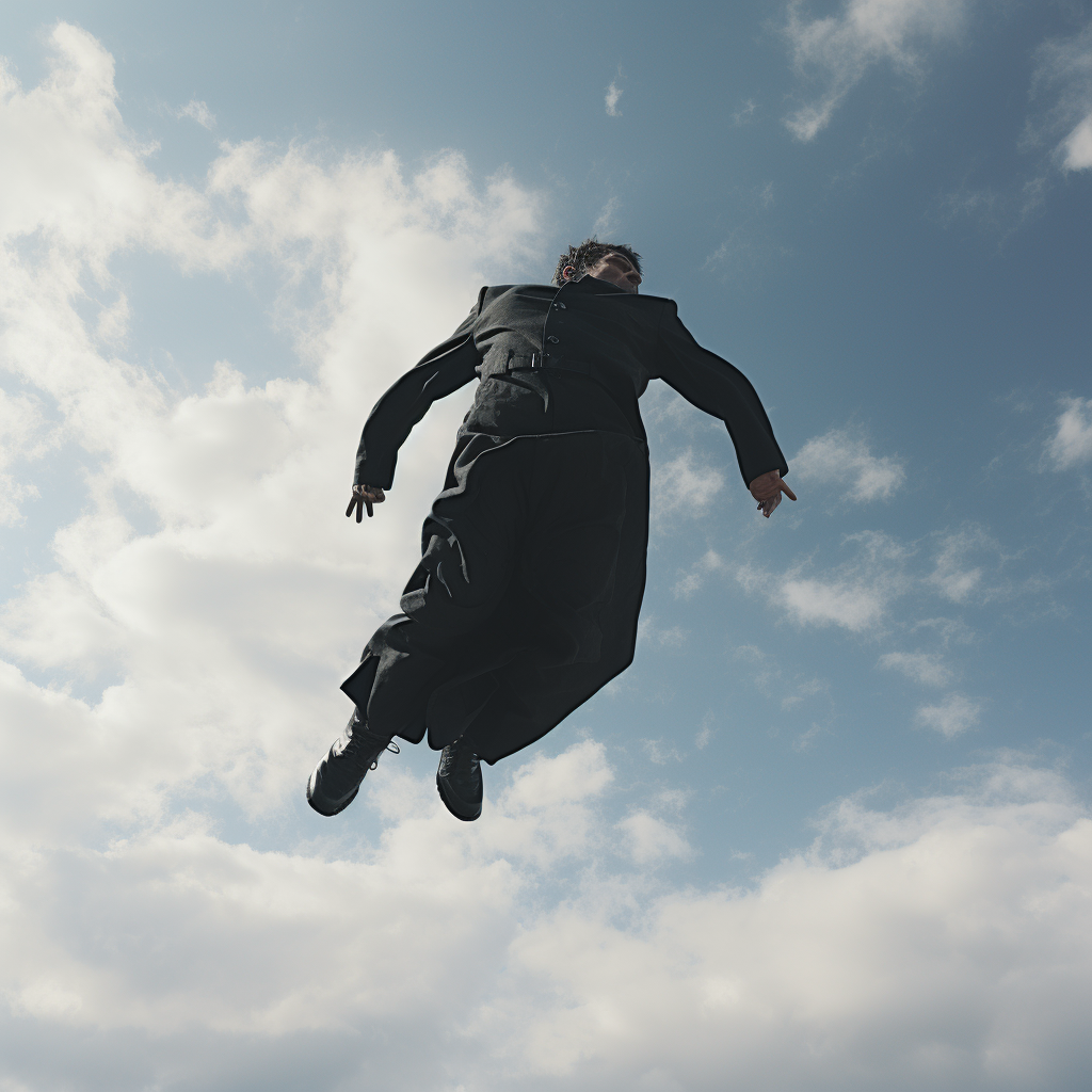 Freefalling man in black clothes against the sky