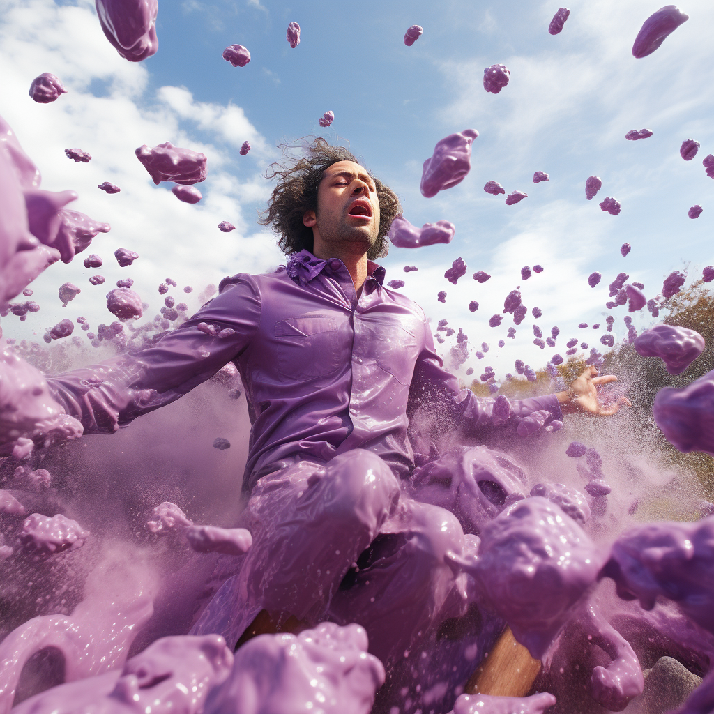 Man falling in surreal purple landscape