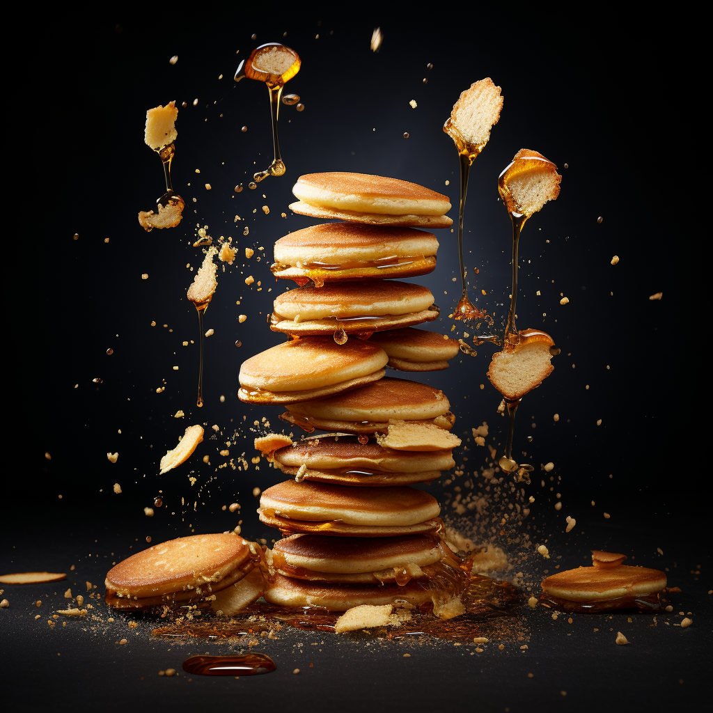 Falling pancakes on black background