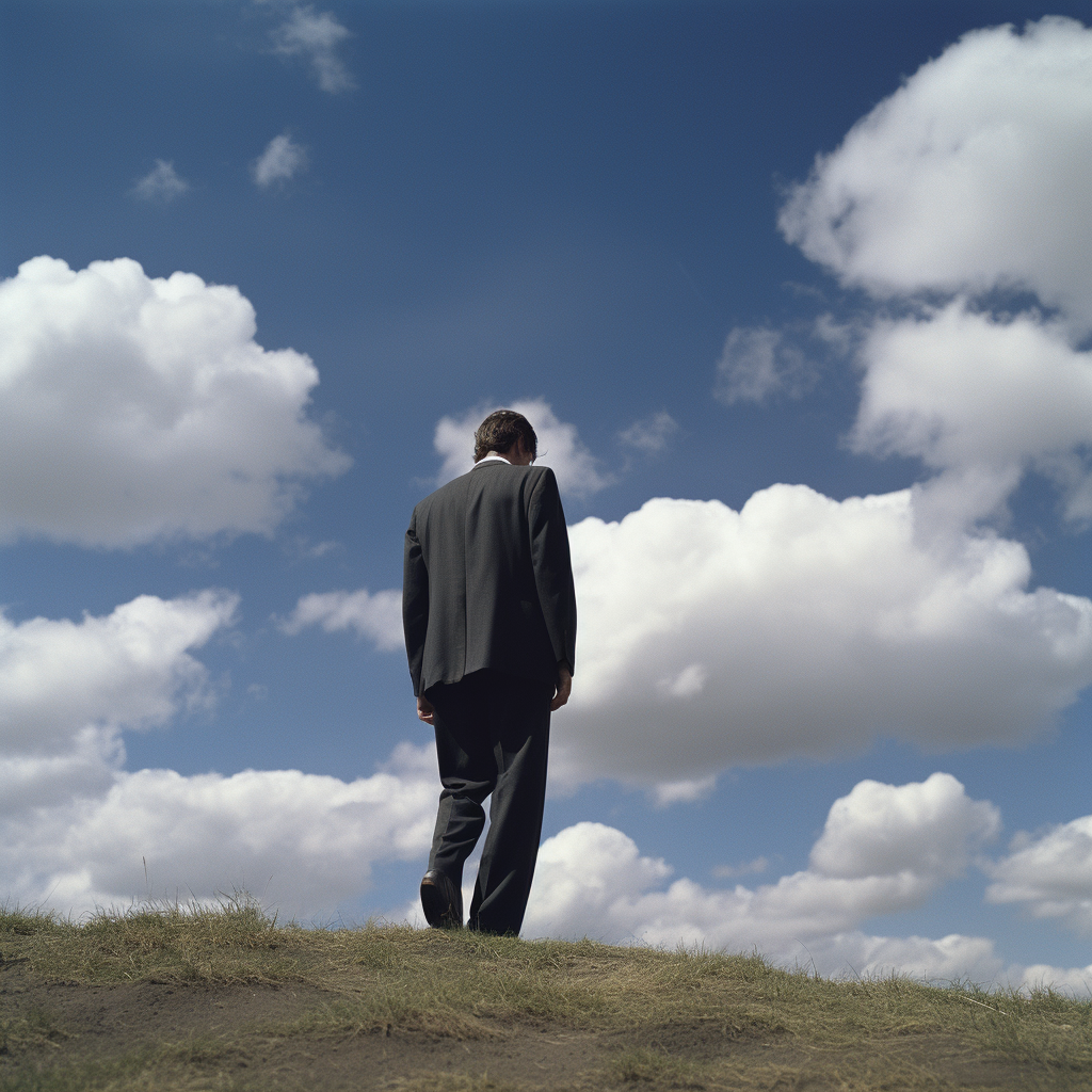 Man in suit falling through blue sky