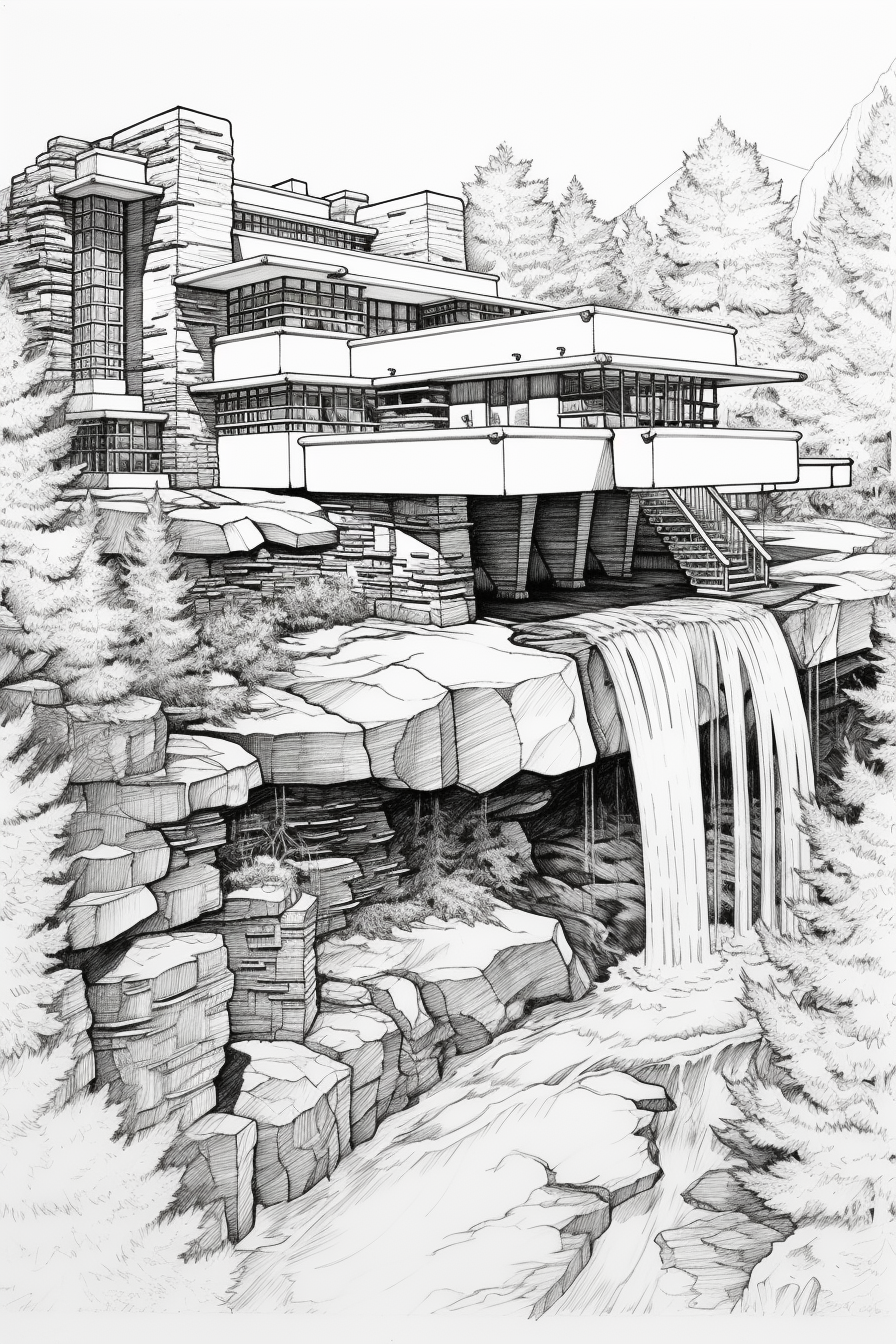 Falling Water House Line Art