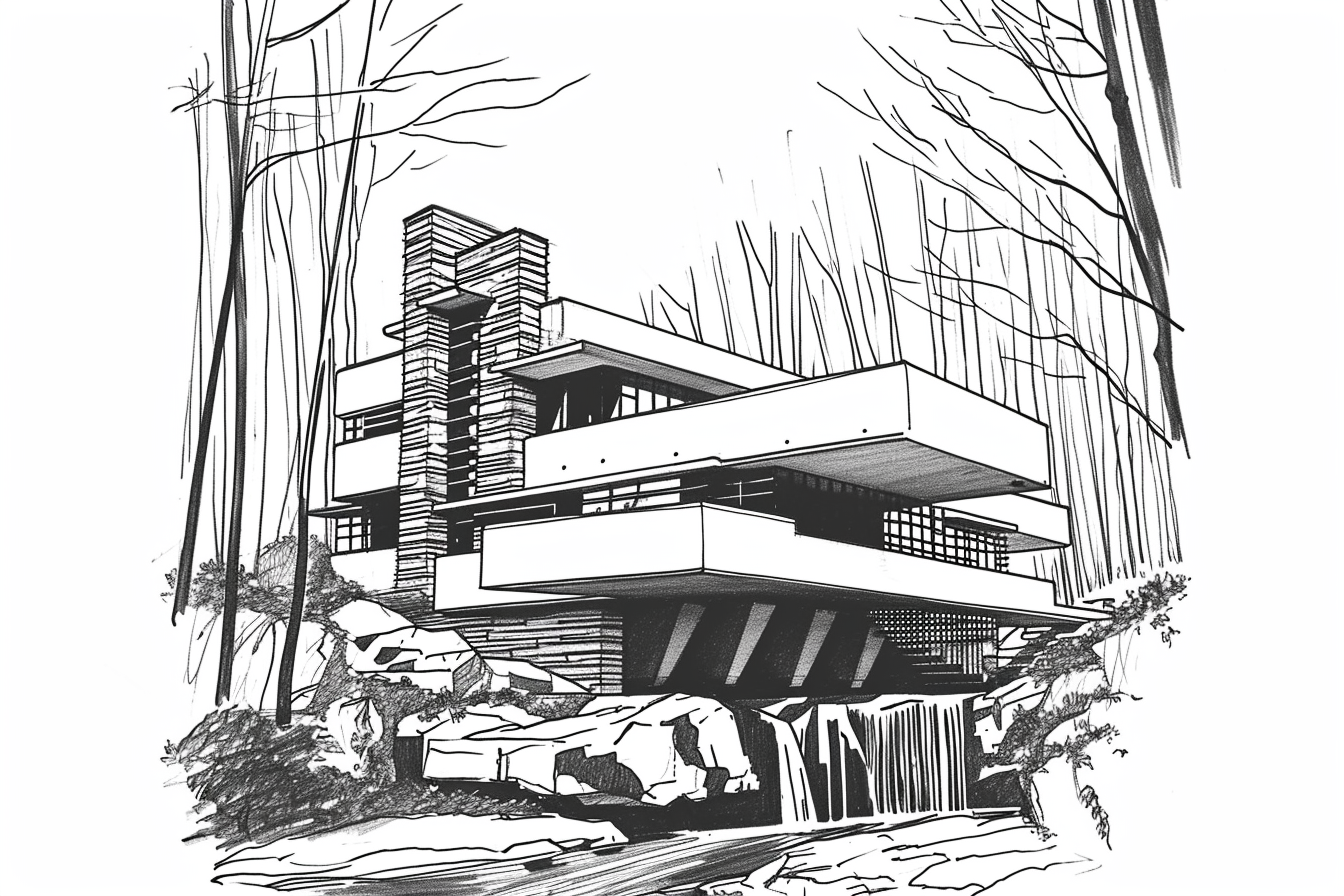 Abstract black line drawing of Fallingwater