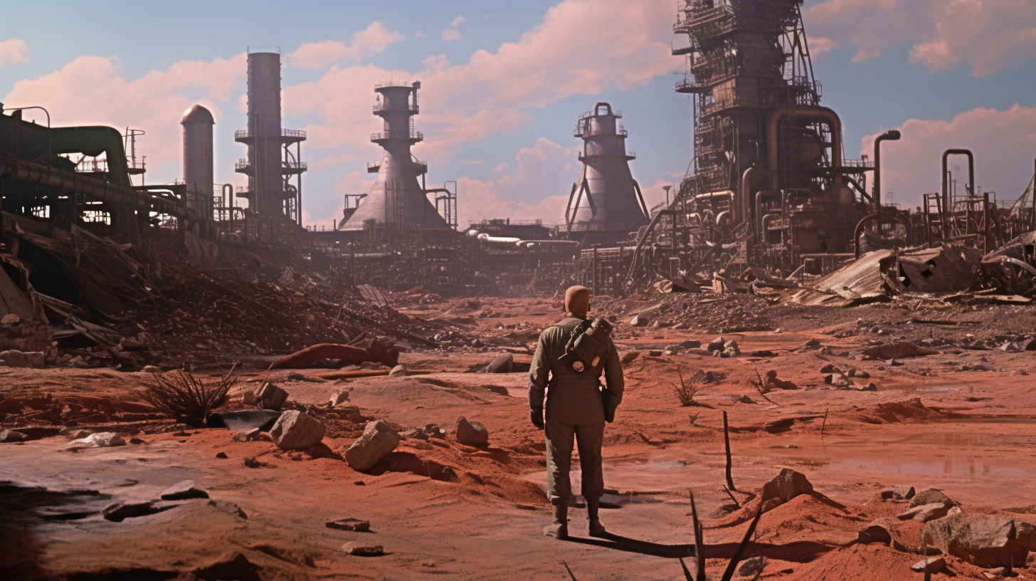 Post-apocalyptic film screenshot in vibrant technicolor