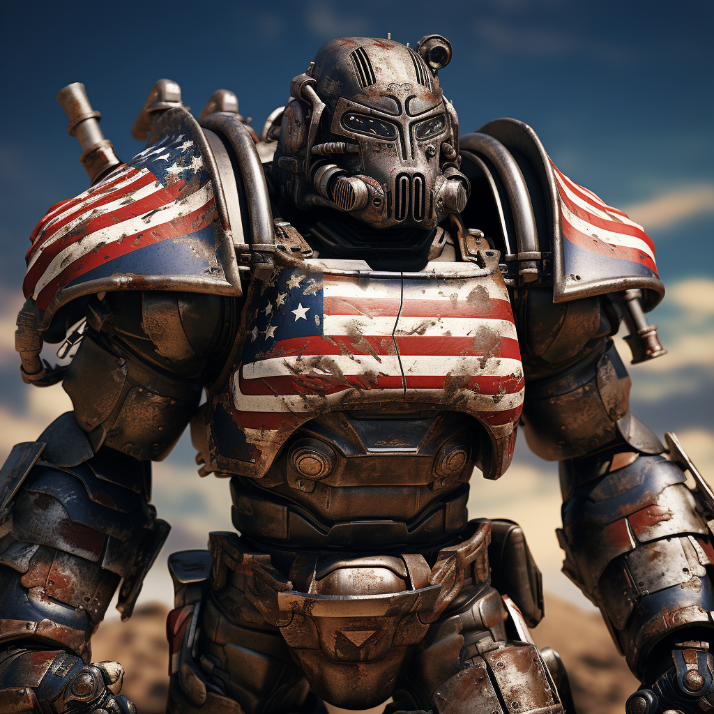 Battle-damaged T-60 power armor in US flag colors