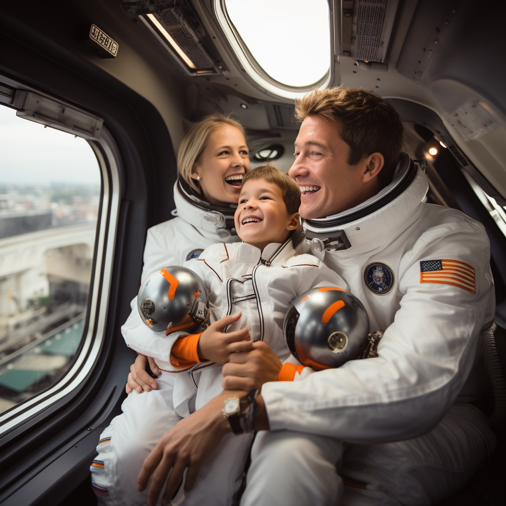 Family dressed as astronauts inside train Paris