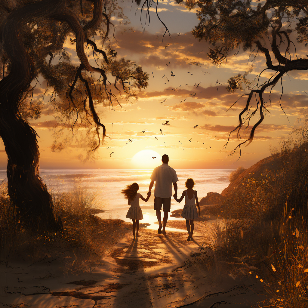 Family enjoying beach sunset walk