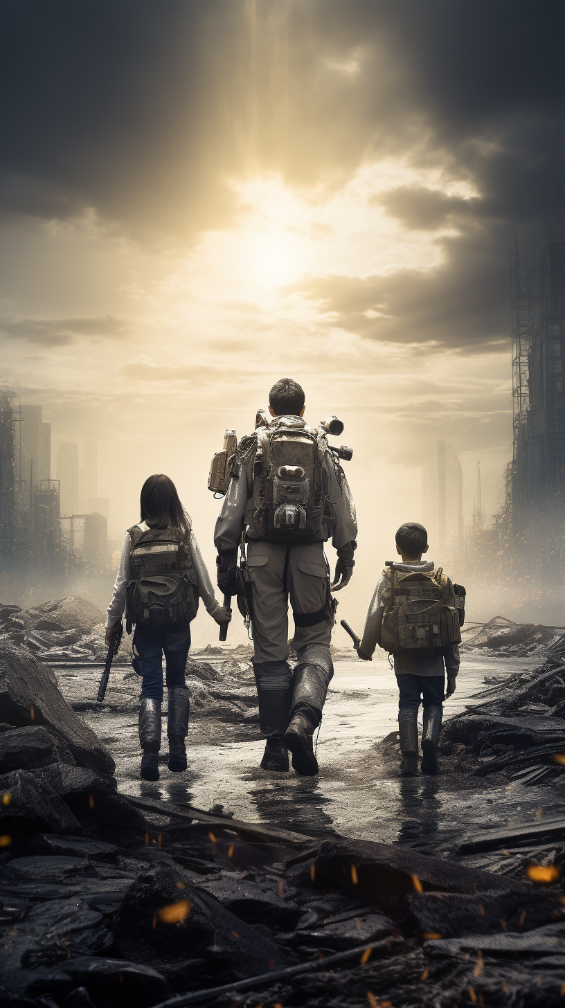 Family carrying backpacks in dystopian scene