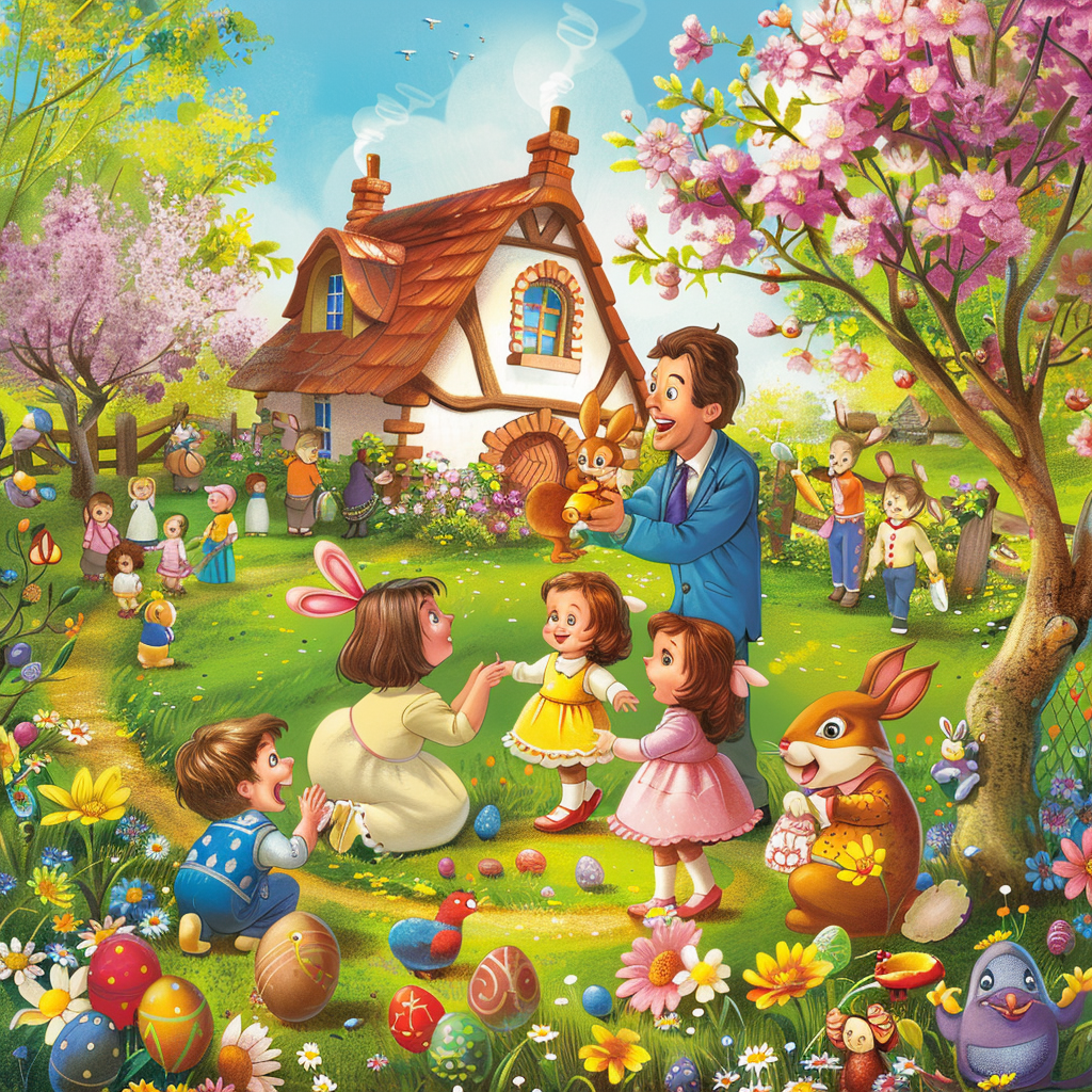 Cartoon Family Easter Storytelling Scene