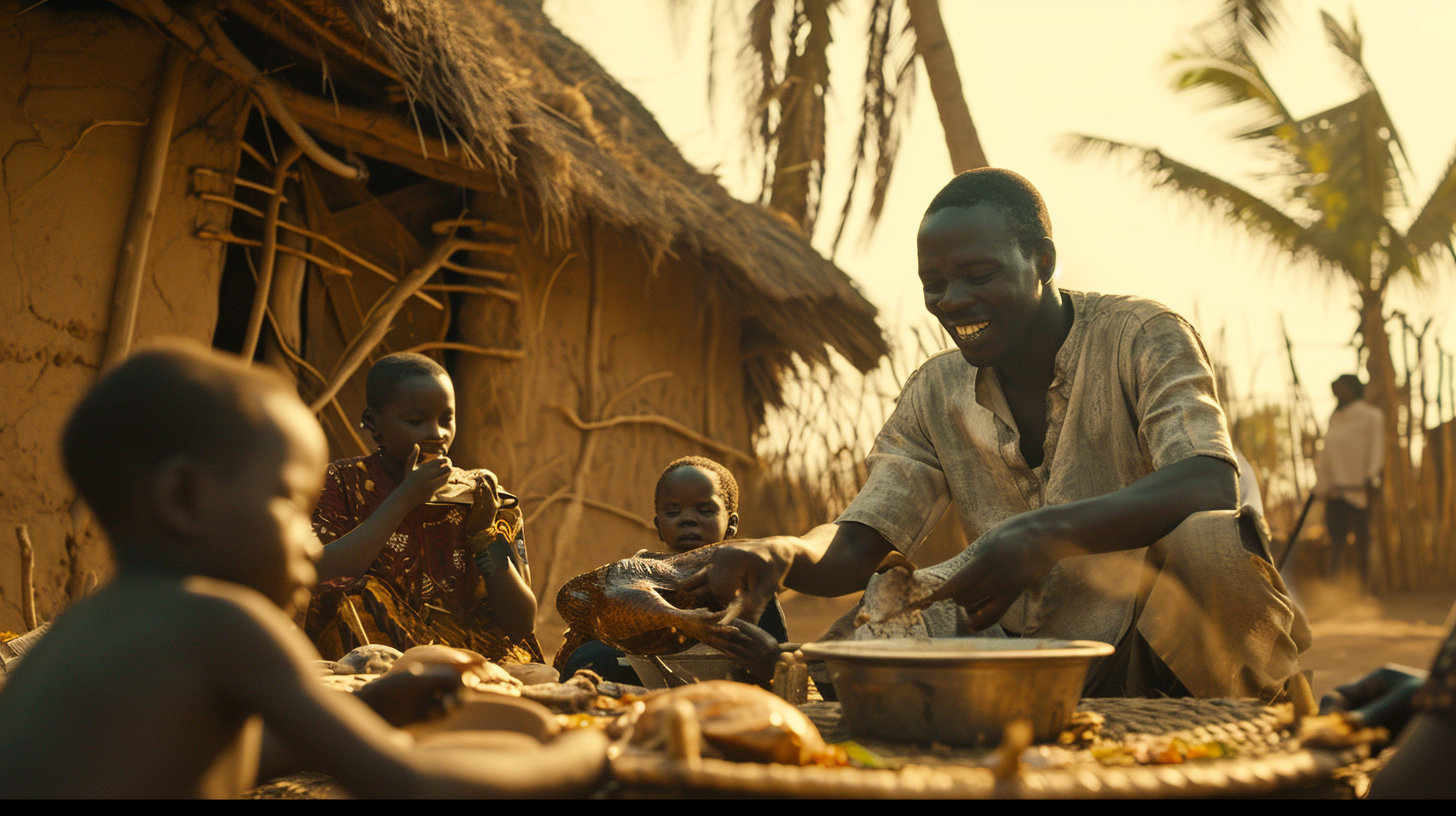 Family eating chicken in futuristic African village