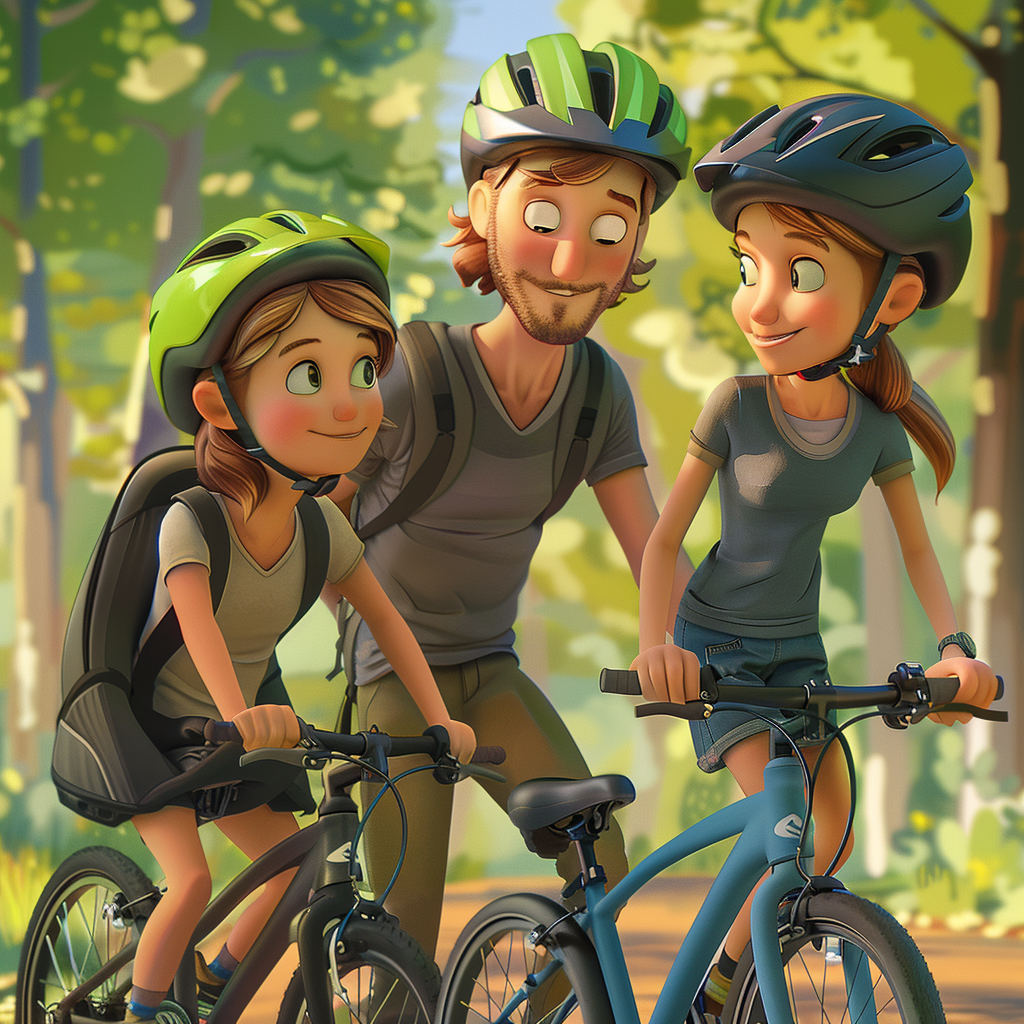 Family biking in forest