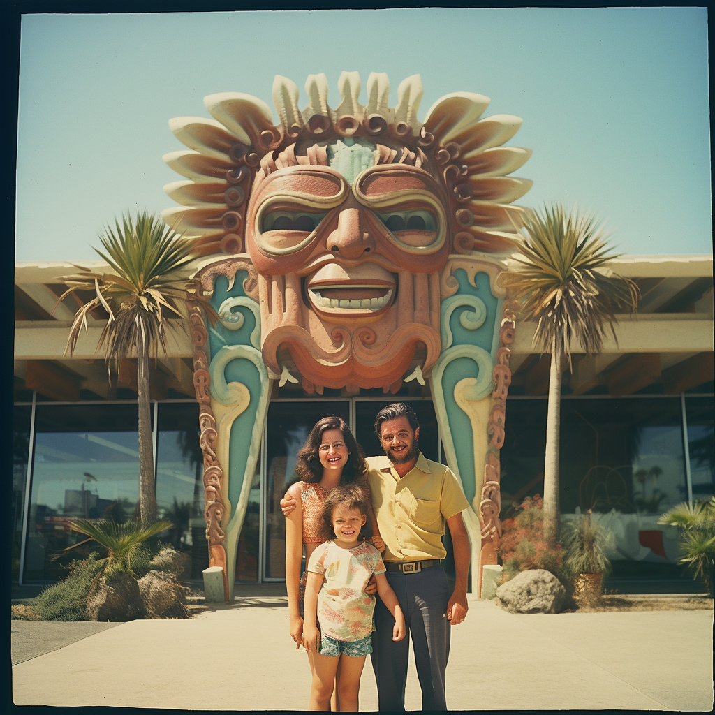 Family in front of Googie Pavilion with Tiki Ornaments