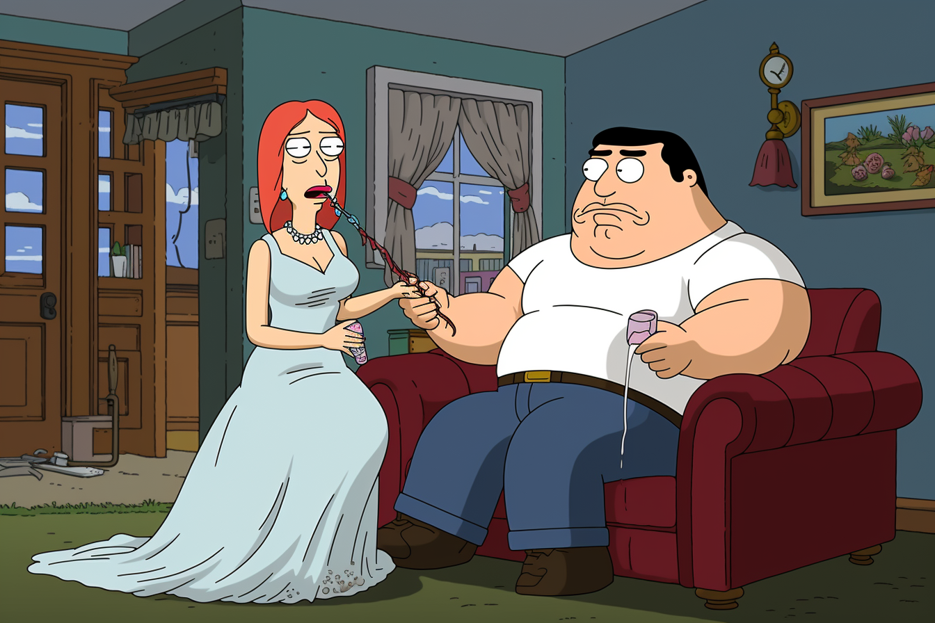 Woman giving man a syringe in Family Guy animation style