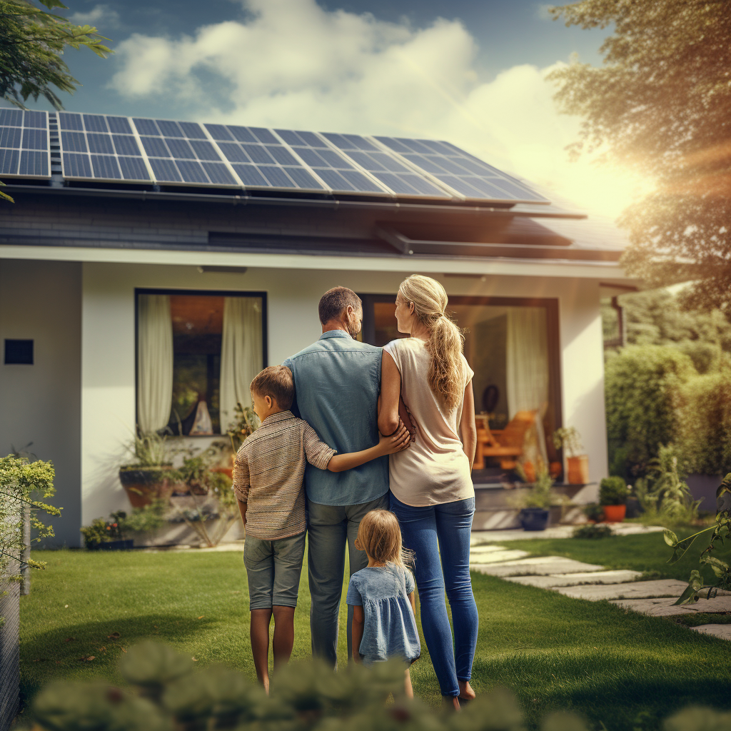 Family standing next to home, planning renovation