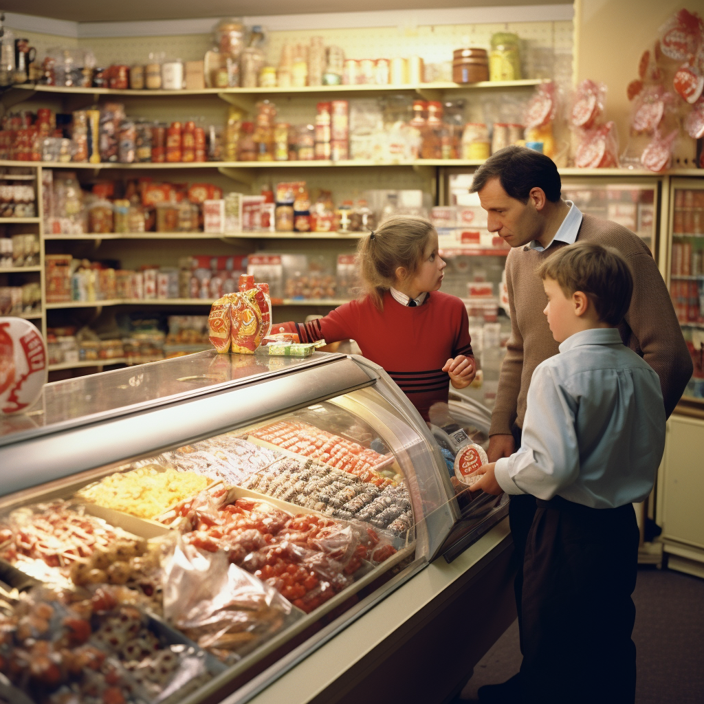 Family receiving sweets from shop owner