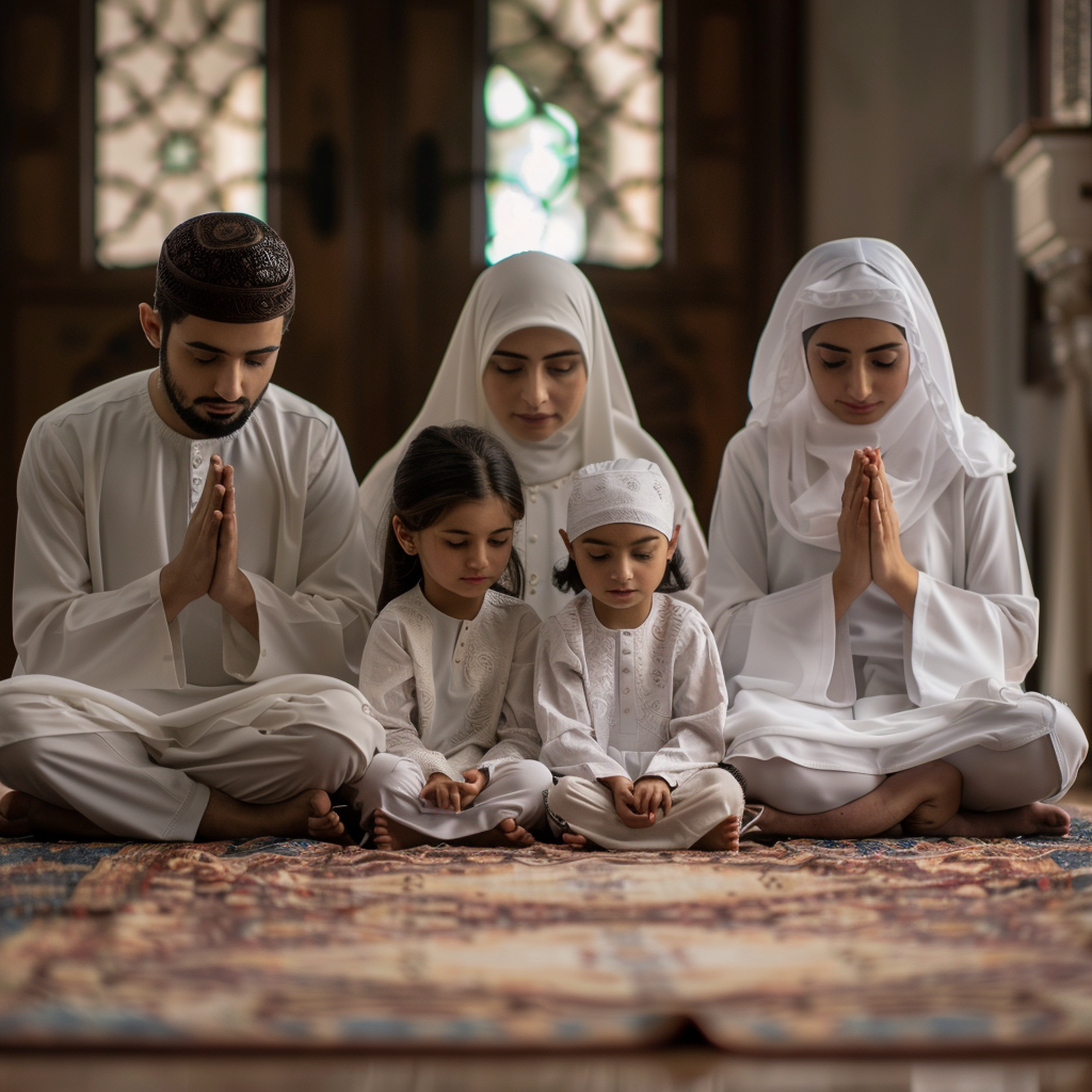 Family praying in white Islamic attire