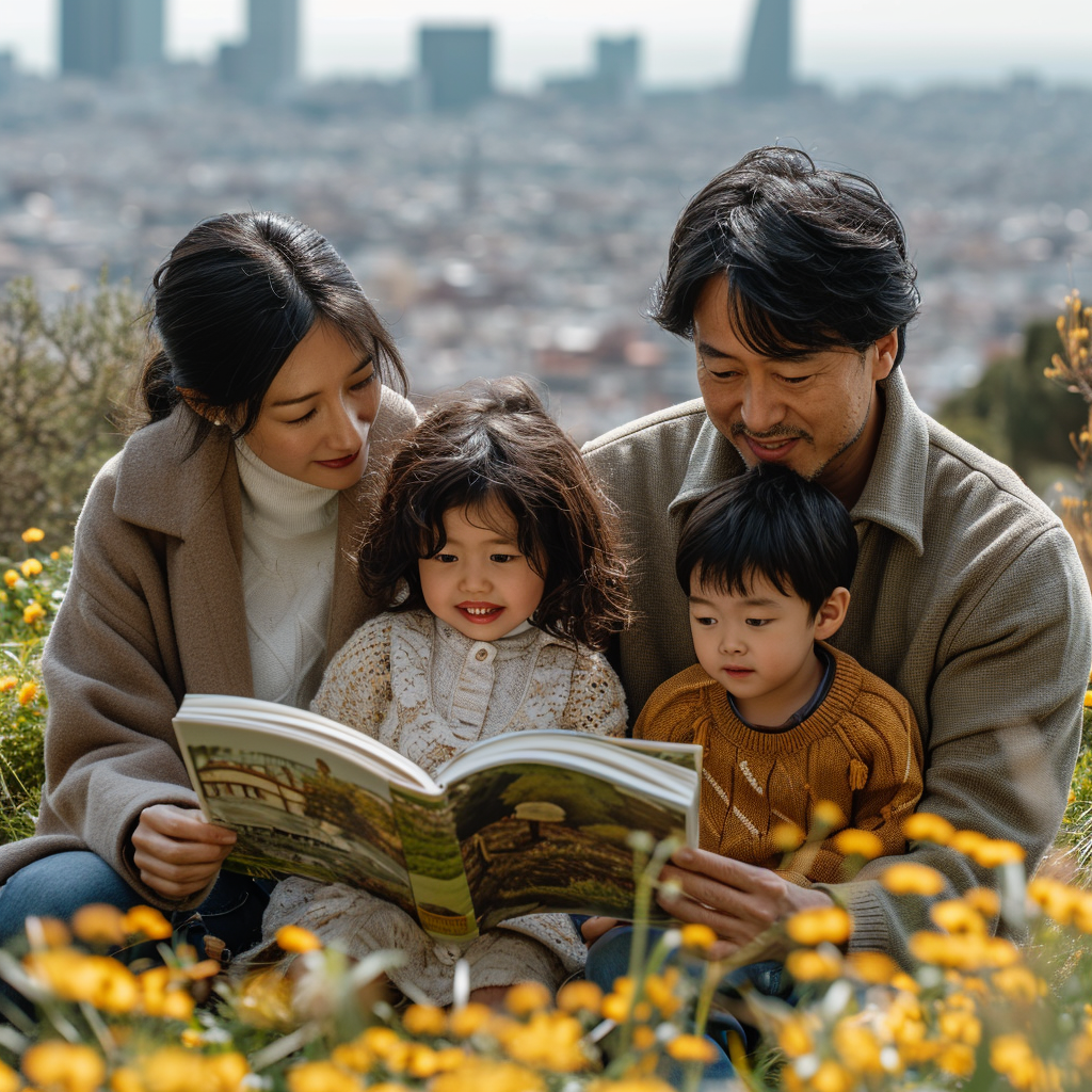 Family Reading Book Outdoors