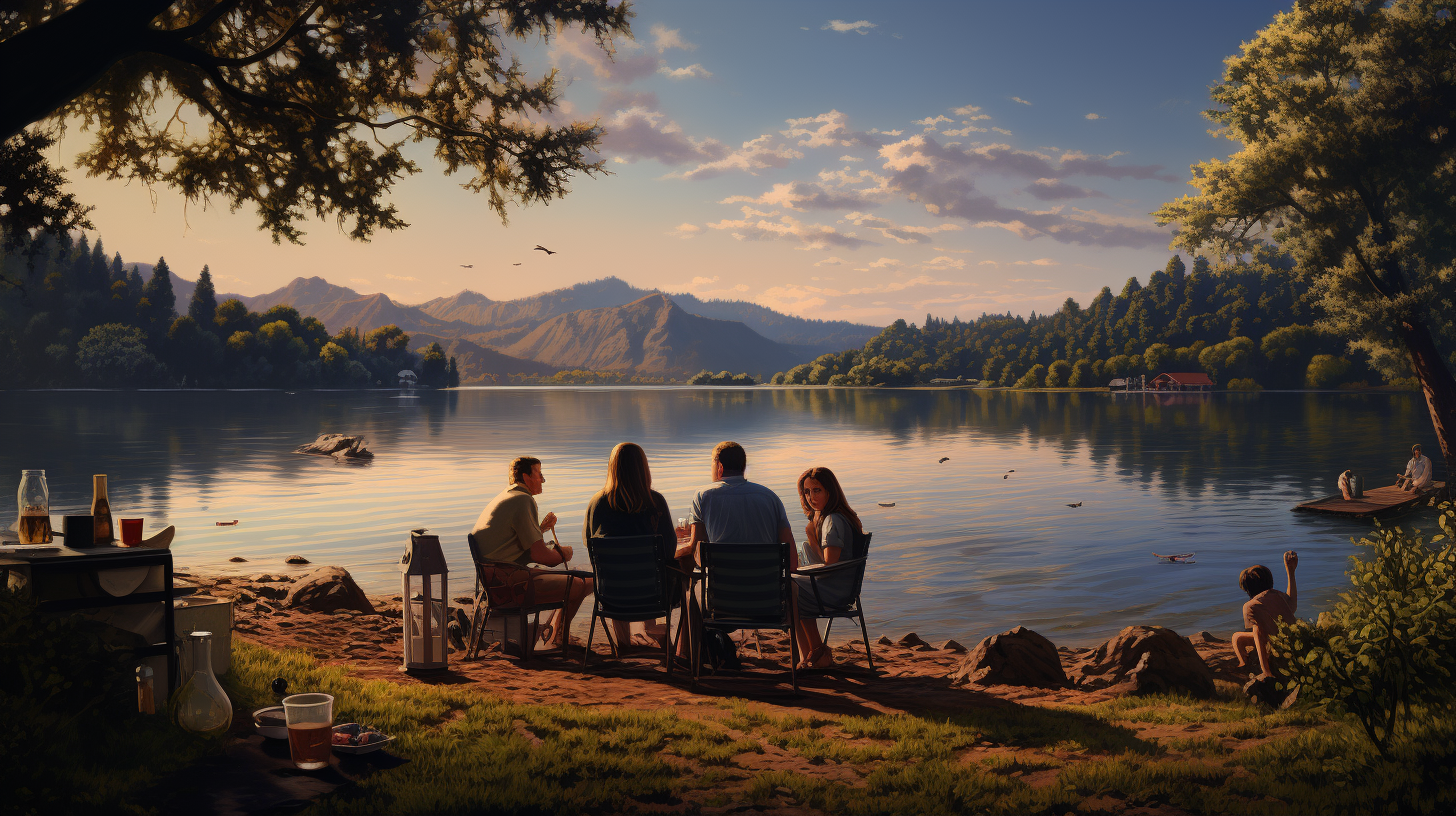 Happy family enjoying a lake-side picnic