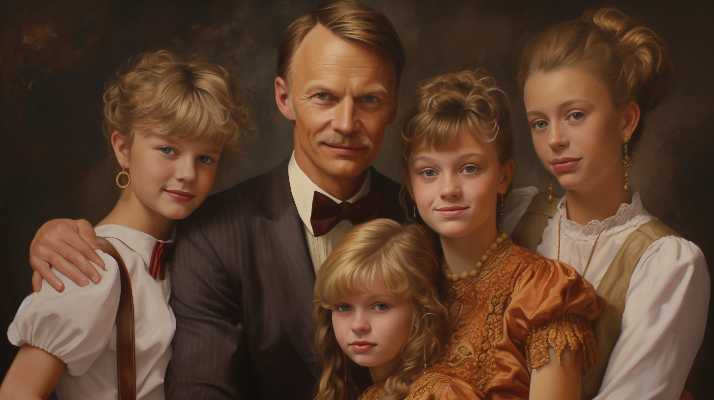 Family posing with forced smiles in '80s portrait